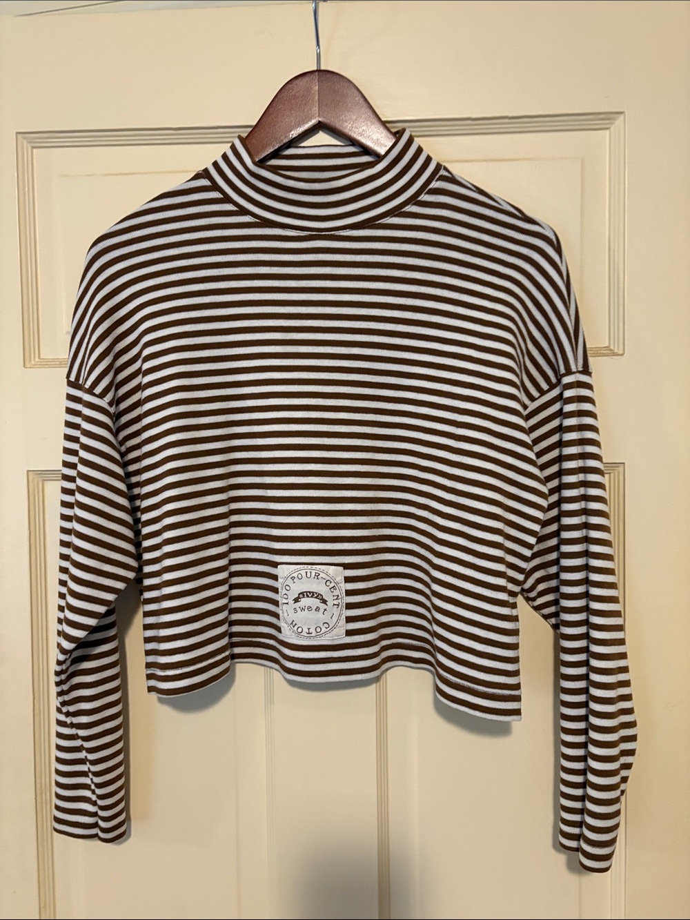 Brown and cream striped crop mock turtleneck